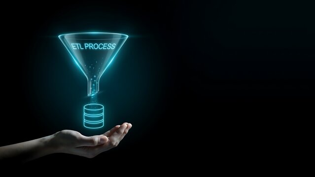 Human hand holding digital etl process funnel icon for data integration management