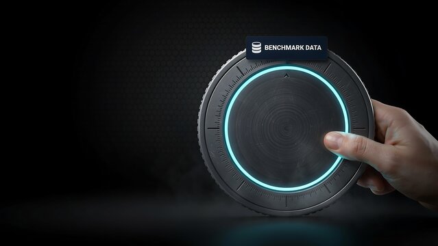 Human hand holding futuristic circular benchmarking data interface device against dark textured background