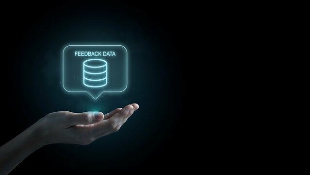 Human hand holding glowing digital feedback data icon floating above palm against dark background