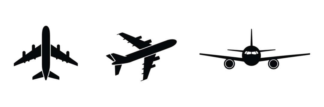 Airplane icon set, black silhouette aircraft symbols in top, side and front views, minimalist travel aviation graphics, editable vector illustration.