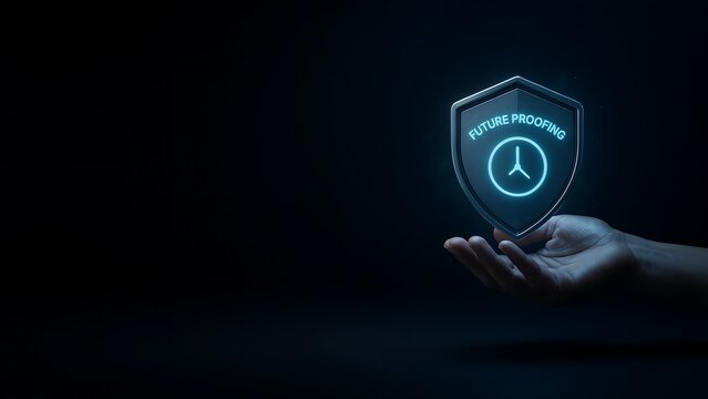 Human hand holding glowing future proofing shield symbol against dark minimalist background concept