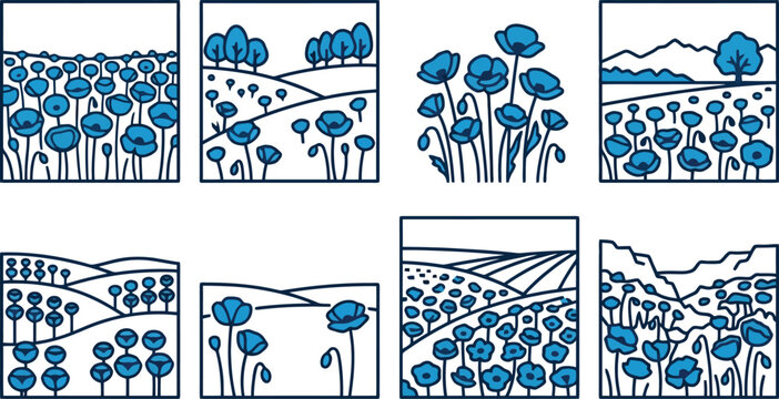 Blue Poppy Flower Meadow Landscape Vector Icon Set for Nature Branding, Floral Stationery & Garden Illustration (EPS)