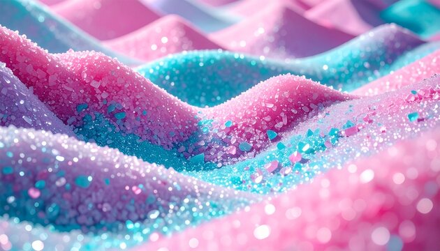 Abstract sugary candy hills texture background with sparkling pastel pink and blue glitter