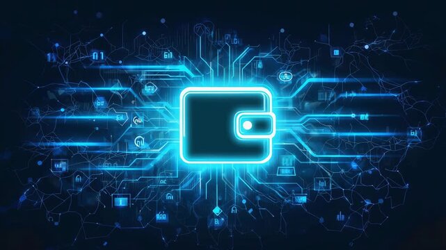 Digital wallet glowing with cyber circuitry network animation 4K Ai HD high quality video.