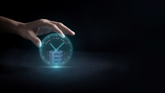 Human hand interacting with digital real time data clock hologram on dark background
