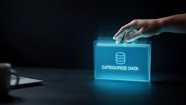 Human hand interacting with glowing digital data folder interface on dark background