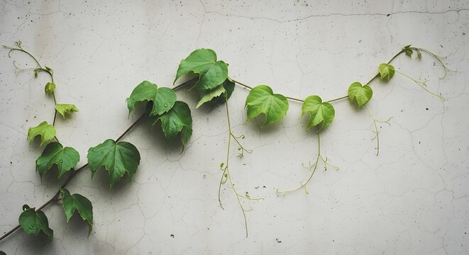 Green vine leaves climbing on a smooth concrete wall background with concrete