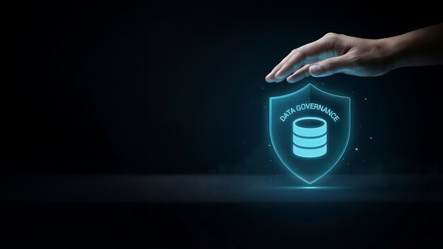 Human hand protecting digital database shield icon representing data governance security concept