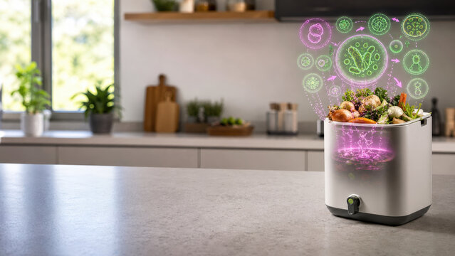 Bokashi Compost Bin with Holographic Nutrient Cycle Dashboard