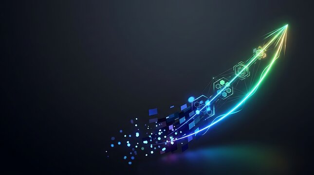 Glowing upward arrow symbolizing digital growth and technology success