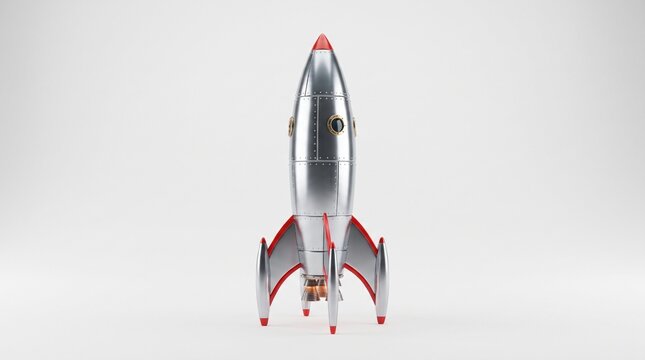 Vintage silver rocket ship with red fins on white background with retro style metallic rocket red accents white sci fi illustration exploration