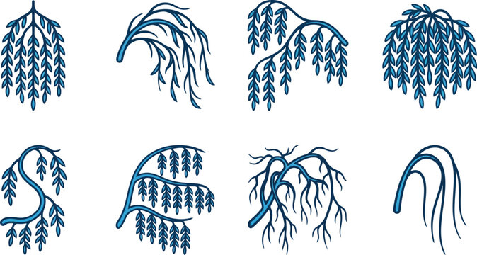 Weeping Willow Tree Branch and Leaf Silhouette Vector Icon Set for Botanical Illustration, Landscape Design & Nature Branding (EPS)