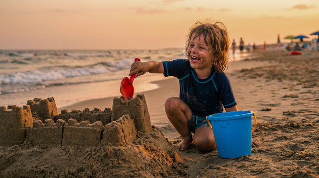 Ni&ntilde;o construyendo un castillo de arena durante unas vacaciones familiares en la playa.