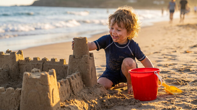 Ni&ntilde;o construyendo un castillo de arena durante unas vacaciones familiares en la playa.