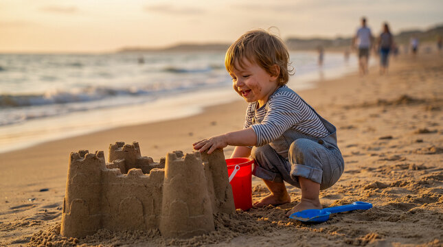 Ni&ntilde;o construyendo un castillo de arena durante unas vacaciones familiares en la playa.