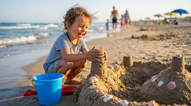 Ni&ntilde;o construyendo un castillo de arena durante unas vacaciones familiares en la playa.