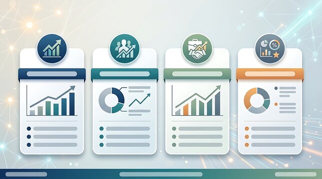 Business analytics infographic with four colorful data cards