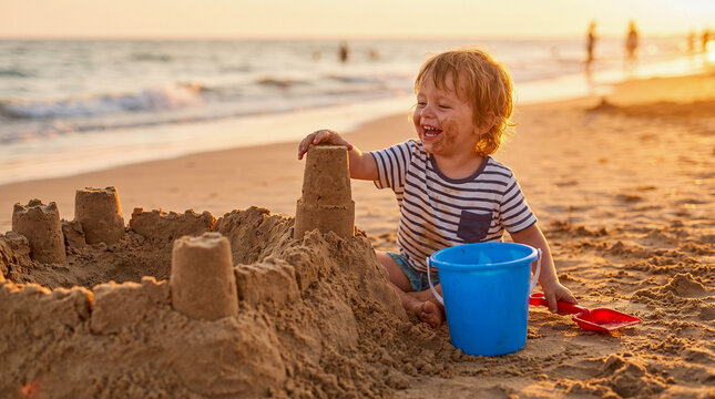 Ni&ntilde;o construyendo un castillo de arena durante unas vacaciones familiares en la playa.