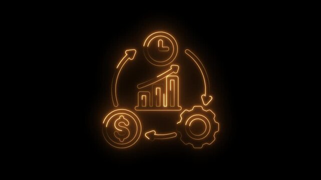Neon glowing cycle diagram showing financial growth with dollar coin gear and clock symbols... icon