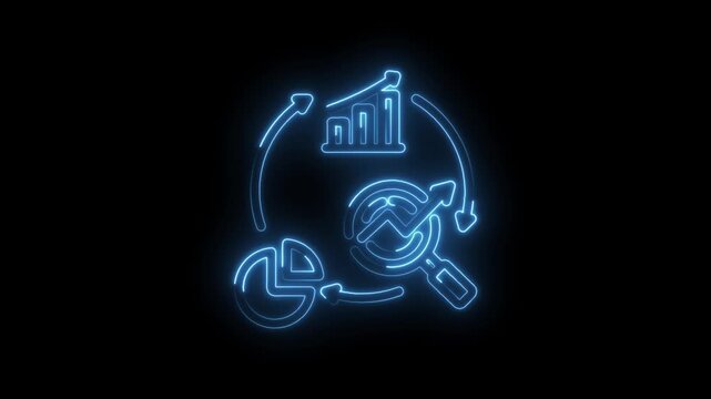 Neon blue glowing analytics cycle diagram with magnifying glass bar chart pie chart and arrows icon