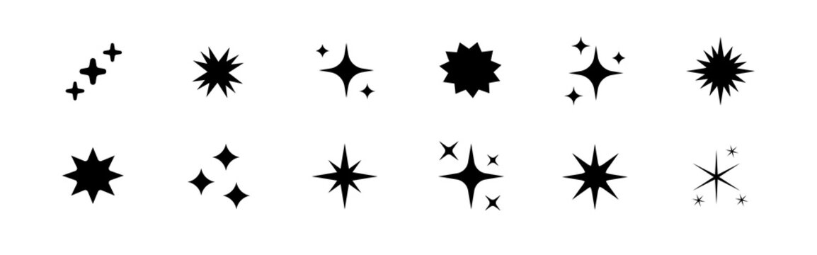 Set of original star sparkle shapes. Abstract shine effect vector sign. Retro futuristic bright vector icons collection. Glowing light effect, twinkle templates stars and bursts, shiny flash.