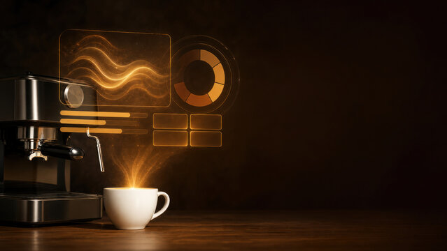 Espresso Machine and Cup with Amber Holographic Coffee Dashboard
