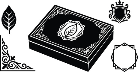 Black adorning storage box with vintage floral ornaments and leaf motifs on a uncluttered vector composition drawing. © MstBaby