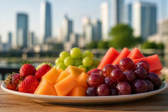 Assorted cut fruit platter served outdoors with city skyline
