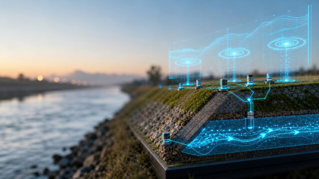 Smart Levee Sensors With Holographic Flood Defense Dashboard