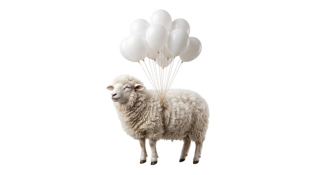 A fluffy white sheep is floating upwards, carried by a cluster of white balloons 