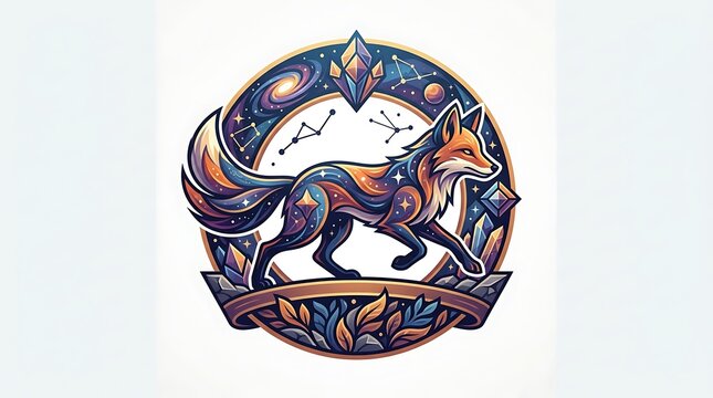 Celestial fox emblem with cosmic stars and crystalline elements