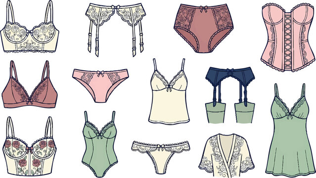 Elegant lace lingerie set vector icons collection. Stylish women's underwear line art for fashion design and retail branding.