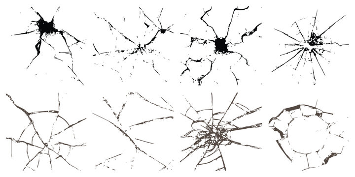 Collection of shattered glass impact cracks, fractures, and bullet holes for damage texture vector illustration graphic design.