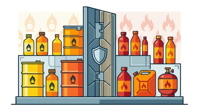 Storage area displays labeled containers with hazard symbols indicating chemical incompatibility and fire risks in a commercial setting