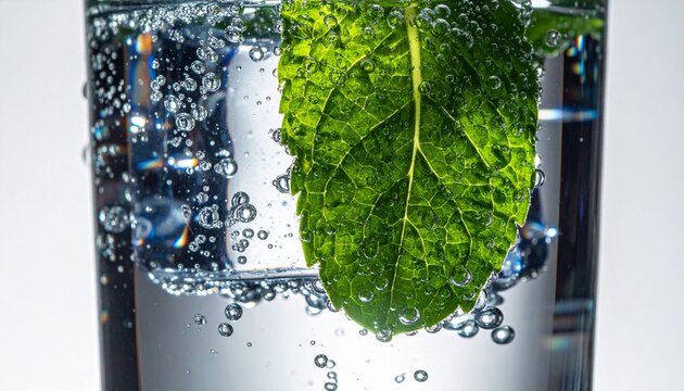 Macro shot of refreshing sparkling water with green mint leaf and ice