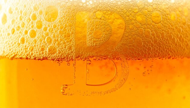 Close-up of golden beer with foam bubbles forming the letter B shape