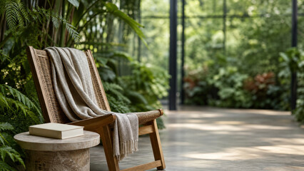 Fototapeta premium Woven Reading Chair In Lush Glass Conservatory