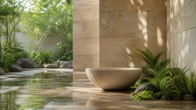 Stone Garden Bowl And Ferns In Contemporary Spa Courtyard
