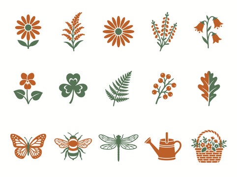 Cozy Sweater Weather Autumn Set featuring Floral Elements Leaves Insects and Gardening Icons for Seasonal Design