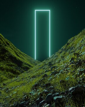 Glowing neon light rectangle portal between grassy hills at night