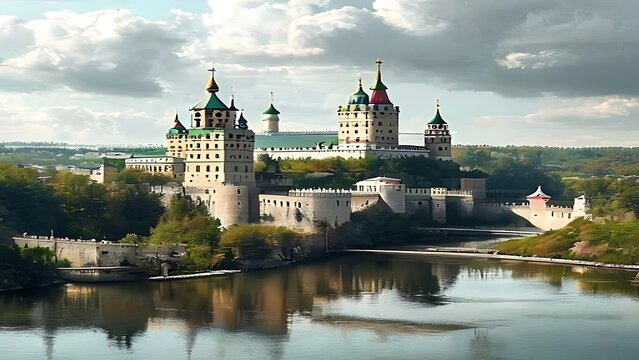 Historic castle reflected in serene lake with lush greenery.