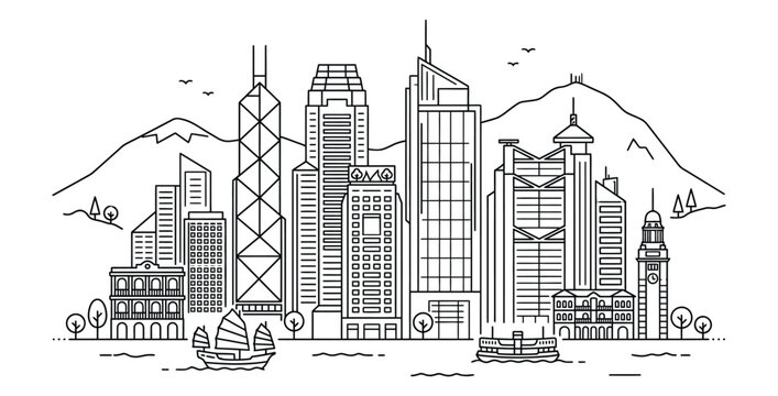 Hong kong skyline linear illustration modern architecture and harbor scene in minimalist style