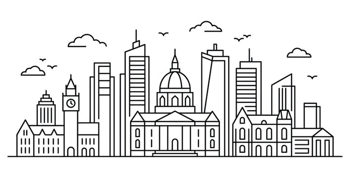 London skyline linear illustration iconic landmarks in a minimalist black and white design