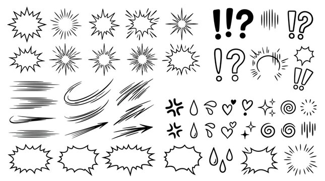 Dynamic collection of hand drawn manga and comic book elements.