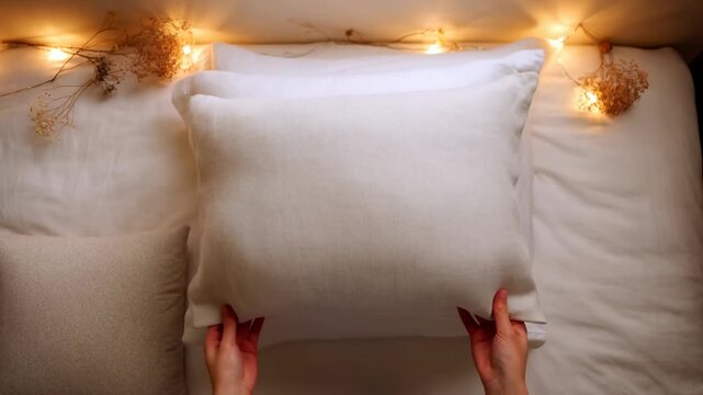 pillows being arranged and adjusted in a cozy bedroom with string lights above the pillows, top-down perspective, calm and cozy mood, cotton fabric, home decor setup.