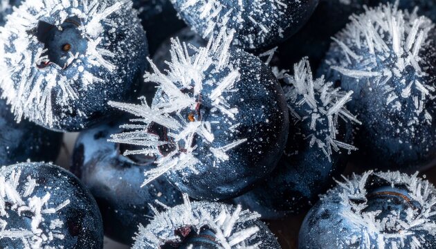 Close-up of frozen blueberries covered in frost crystals
