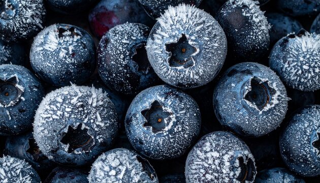 Macro shot of delicious frozen blueberries covered with beautiful ice crystals