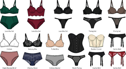 Elegant lace lingerie set vector collection for fashion design. Stylish women's undergarments with floral patterns and delicate trims for apparel b... © Adit