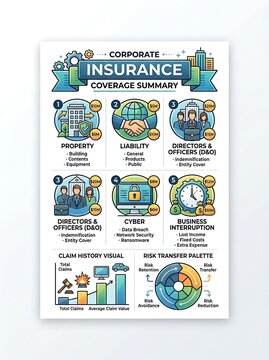 Corporate insurance coverage summary with icons and risk charts