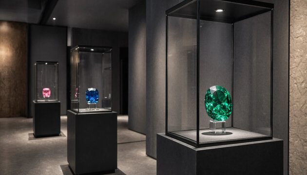 Modern museum exhibit featuring large precious emerald gemstone displayed in glass case pedestal gemstone precious pedestal showcase collection valuable interior lighting treasure